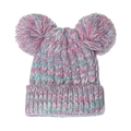 Kids winter cable knit hat with two fluffy pom poms in pink blue and white yarn - Pink Multi