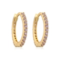 Detail of gold hoop earrings with row-set pink round-cut gemstones on white background - Gold Purple Zirconia