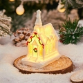 Lighted white Christmas church ornament with wreath on snow covered wood base - Snow House B