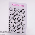 Black 304 stainless steel hoop earrings set in 2mm thickness on white card - 12 Pairs/Pack (Inner Diameter 10mm) / Black
