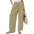 Women's khaki cotton linen wide leg cargo pants with drawstring waist and pockets - S / Khaki