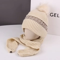 Winter set with beige knitted hat and scarf featuring faux fur pom-poms for women - Beige Ripple Knit Hat and Scarf Set