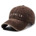 Vintage brown washed cotton baseball cap with white letter embroidery for unisex casual wear - Adjustable / Coffee