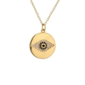 Golden necklace featuring a geometric evil eye pendant with blue zircons and white crystals - Round Evil Eye