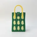 Detail of green knit handbag with yellow Christmas tree pattern and top handle - Xmas Tree Green
