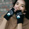 Women's black knitted fingerless gloves with cute strawberry pattern and flip top cover - One Size / Black (Strawberry Half-finger)