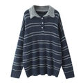Women's loose long sleeve polo knit top featuring navy and grey contrast stripes - S / Navy Blue