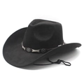 Black faux suede western cowboy hat with wide brim and decorative leather star band - M (56-58cm) / Black