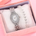 Women silver wrist watch set with oval rhinestone dial and heart link bracelet in gift box - Silver Watch + Silver Bracelet + Box