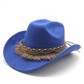 Detail of western fedora hat featuring woven band, gold chains and brown fringe trim - M (56-59cm) / Sapphire Blue