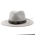 Detail of light gray straw fedora hat featuring a brown leather band and gold sun studs - Light Gray