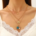 Close-up of a layered gold necklace featuring blue starfish and shell enamel charms - Marine Three Layer Gold Necklace(0981)