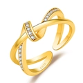 Adjustable gold S925 silver cross ring featuring double rows of sparkling cubic zirconia - Intertwined Pave / Gold Color-J350