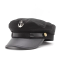 Detail of black fiddler cap with silver anchor badge and leather-like brim - 54-60cm(Adjustable) / Black