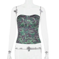 Detailansicht eines floralen Corset-Tops mit grün-violettem Blattmuster für Damen - S / Grün