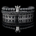 3-piece men's bracelet set with black crown beads and Roman numeral steel bangles - Black Crown with Roman Enamel