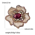 Detailed view of floral brooch with purple rhinestones and size dimensions in cm and inches - Purple