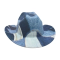 Vintage patchwork denim fedora hat featuring distressed blue shades and contrast stitching - One Size / Light Blue