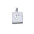 Square silver stainless steel pendant with white pearl shell and letter C inlay - Steel C
