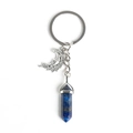 Bohemian sun moon keychain with lapis lazuli crystal pillar and silver engraved face - Lapis Lazuli