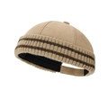 Retro khaki color-block brimless dockers hat with knit stripes and adjustable strap - Khaki