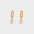 Detailed close-up of gold plated earring featuring a crystal-encrusted letter D charm - Letter D