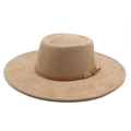 Minimalist light brown faux suede wide brim fedora hat with gold buckle band for women - M (56-59cm) / Camel Suede