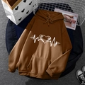 Brown fleece hoodie featuring a heartbeat heart print and functional kangaroo pocket - S / Tops / Brown