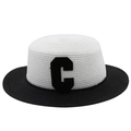 Classic Hepburn style boater hat with black and white contrast design and 'C' patch detail - M (56-58cm) / Black and White Patchwork with Black Letter C