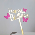 Golden acrylic Happy Birthday cake topper with vivid magenta butterfly decorations - Rose Red UV Printed Butterfly