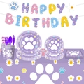 Dog paw party supplies set with Happy Birthday banner and purple tableware for pet birthdays - 54*108inch / Purple/Tablecloth