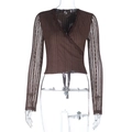 Detailed view of dark brown lace-trim knit top with V-neck and ribbed texture - XS / Brown