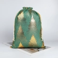 Sachet de Noël en toile de jute verte avec motif sapin doré et cordon de serrage - Sapin de Noël Vert / 20*30cm