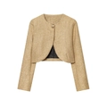 Elegant gold metallic tweed cropped jacket with shimmer sequins and gold button detail - XS / Gold