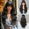 Long wavy synthetic hair wig with bangs in natural black for a stylish women's look - Cool Tea Black (MW9105-2)
