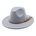 Detail of light gray wool fedora hat with brown braided leather band and tassel accents - M (56-58cm) / Light Gray