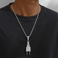 Close-up of a silver power plug pendant with sparkling rhinestones on a twist chain - Silver