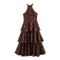 Abito vintage marrone scuro con allacciatura al collo e balze floreali a strati - XS / Marrone Scuro