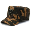 Men's flat top army cap featuring woodland camouflage pattern and shield embroidery - Shield Style / Camouflage