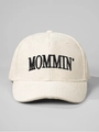 Detail of MOMMIN' embroidery on cream corduroy baseball cap with vintage texture - Adjustable / Beige