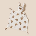 Close-up of baby muslin comforter with brown bear prints and 3D plush rabbit head - Bear / 30*30 cm