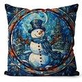 Square snowman pillowcase featuring blue stained glass art and winter night scene print - Snowman Top Hat Stained Glass