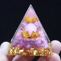 Clear resin pyramid with pink sphere and purple crystals on golden lotus base - Pink Cat Eye Amethyst / Small