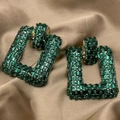 Luxe chain-link drop earrings with emerald green crystals and gold-tone finish - Dark Green Square