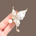 Elegant butterfly brooch with white shell wings, pink crystals, and a pearl drop charm - 376# White Butterfly