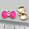 Pink enamel bow pendant with gold trim and rhinestone, showing front and back view - Rose Red Rhinestone Bowknot
