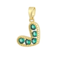 Close-up of golden letter L pendant featuring micro-set green emerald cubic zirconia stones - 14-Letter L Emerald