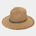 Chapeau de soleil en paille pour femme avec ruban perlé et bords effilochés - Taille unique / Kaki