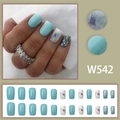 Short square press-on nails in light blue with floral art and blue glitter finishes - Light Blue Floral Glitter Style (W542)