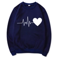 Felpa girocollo blu scuro con stampa bianca a forma di cuore e battito cardiaco, M - S / Schizzo Semplice Cuore / Blu navy
